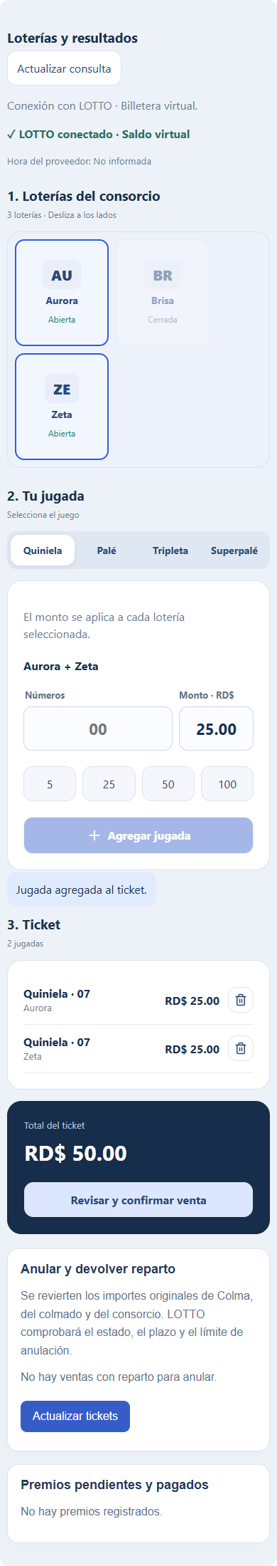 Lotería en tres pasos — pantalla de ejemplo de Colma