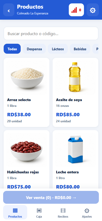 Pantalla de productos de Colma con arroz, aceite, habichuelas y leche; datos de ejemplo