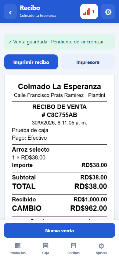 Cada venta deja su recibo — pantalla de ejemplo de Colma
